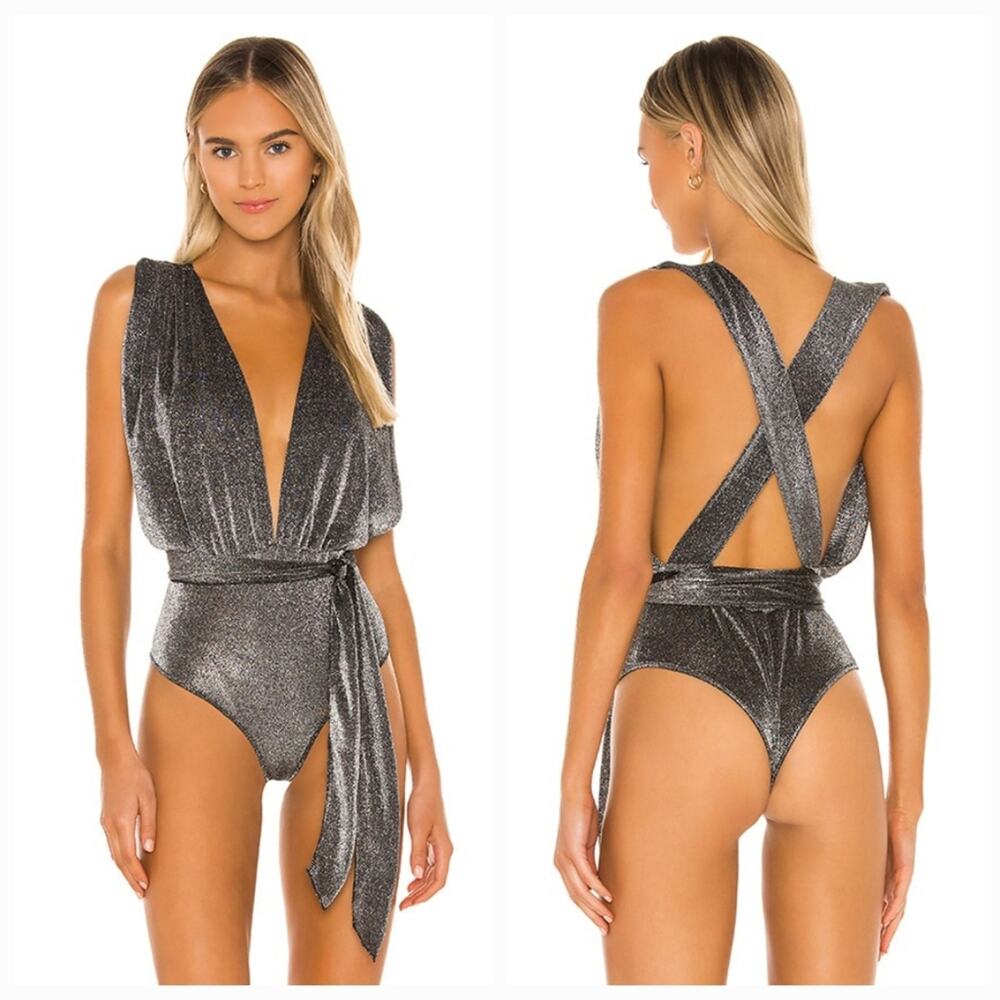Superdown Priya Cross Back Bodysuit in Black Metallic